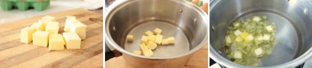 Accendente il forno a 200 °C in modalità ventilata. Tagliate il burro a cubetti ed aggiungetelo nella pentola dove va versata l’acqua ed il pizzico di sale. Mettete tutto sul fuoco medio basso.