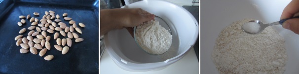 Tostate le mandorle in forno caldo per 5 minuti e lasciatele raffredare. Unite la farina e lo zucchero, aggiungete il sale.