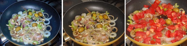 Continuate unendo i pinoli, i capperi ed infine i pomodori che avrete lavato e tagliato a dadini, quindi salate.