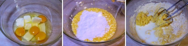 In una terrina montate il burro a pomata con le uova, lasciandone però una noce da parte per imburrare la teglia, quindi unite lentamente la farina e di seguito il latte.