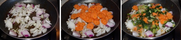 Nella stessa padella dove avete rosolato la carne e dentro lo stesso olio, oramai impregnato degli aromi del coniglio, rosolate le cipolle tagliate grossolanamente, le carote tagliate a rondelle ed il sedano.