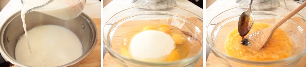 Mettete a scaldare il latte, senza però raggiungere l’ebollizione. Unite lo zucchero e la vaniglia alla uova e mescolate bene con un cucchiaio di legno.