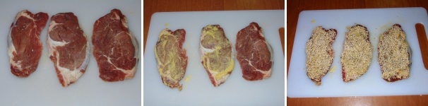 Preparate la carne stendendo le fette su un tagliere e spalmando solo su una delle due superfici un po’ di senape, quindi prendete ogni fetta e passatela, dal lato della senape, nei semi di sesamo.