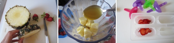 Tagliate una fetta d’ananas, sbucciatela, privatela della parte centrale e tagliatela a cubetti. Mettete i cubetti d’ananas in un frullatore, aggiungete il miele e frullate fino ad ottenere una spuma liscia. Lavate e tagliate a fette le fragole. Disponete le fette in uno stampo per ghiaccioli.