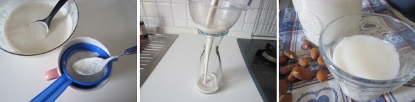 Filtrate il composto tramite un colino (anche 2 volte se avete pazienza) oppure un canovaccio pulito e versate il latte ottenuto in una bottiglia di vetro.