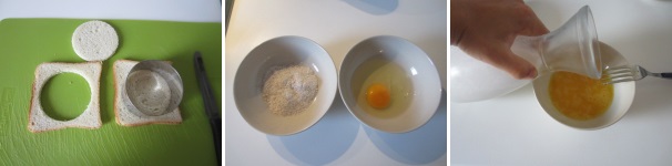Con l’aiuto di tagliapasta rotondo, ricavate dei cerchi di pan carrè. Preparate una ciotola con la farina e un’altra con l’uovo. Sbattete l’uovo con il latte e un pizzico di sale.