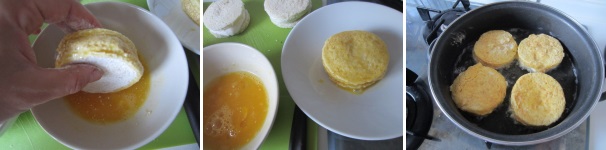 Lasciate il sandwich sul piatto fin quando il pane non avrà assorbito l’uovo. Friggete in olio bollente, circa 3 minuti da ogni lato, fin quando la superficie non risulta dorata e croccante.
 