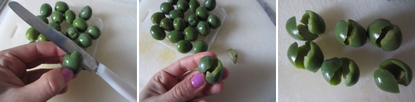 Denocciolate le olive a spirale con un coltello corto, mantenendovi vicino al nocciolo e non rompendo l’oliva.