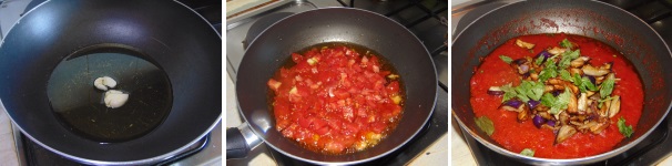 In una padella scaldate l’aglio schiacciato con l’olio ed unitevi i pomodori a dadini, quindi lasciateli cuocere per almeno 30 minuti a fuoco dolce e senza il coperchio, salate poco quasi a fine cottura ed unitevi le melanzane a listarelle precedentemente fritte ed una generosa manciata di basilico tritato con le mani. Lasciate cuocere per altri cinque minuti.