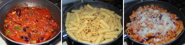 Una volta che il sugo sarà pronto, cuocete la pasta in acqua salata e scolatele al dente, quindi ripassatela nel sugo e unite parte della ricotta salata. Amalgamate bene e servite la pasta ben calda decorandola con le fette di melanzana, la ricotta e del basilico fresco.