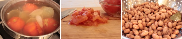 Bollite nel brodo vegetale i pomodori, giusto qualche secondo in modo che possiate poi pelarli e tagliateli a cubetti e scolate i fagioli.