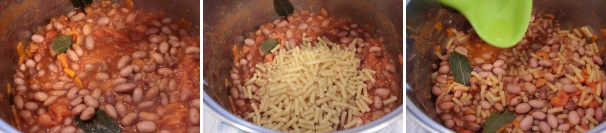 Infine, cuocete la pasta nella pentola con i fagioli, aiutandovi sempre con il brodo. Spegnete il fuoco quando la pasta sarà ancora al dente e rimuovete le foglie d’alloro. Servite con un filo d’olio ed un po’ di rosmarino.