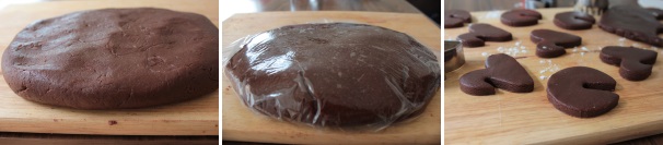 Una volta ottenuto un panetto omogeneo, avvolgetelo nella pellicola da cucina e fatelo riposare in frigorifero per almeno mezz’ora. A questo punto tiratelo fuori dal frigo, eliminate la pellicola e stendete la pasta frolla al cacao con l’aiuto di un matterello. Ricavate ora dei biscotti utilizzando delle apposite formine e cuoceteli in forno preriscaldato a 180° per circa 15-20 minuti.