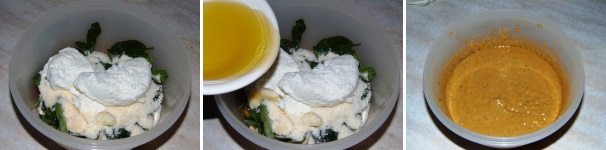 Unite la ricotta e l’olio, quindi azionate il mixer fino ad ottenere una salsa liscia ed omogenea. Trasferite la salsa in un contenitore ermetico e conservate in frigo.