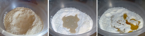 In una ciotola inserite le farine ed unite il lievito disciolto nell’acqua, quindi l’olio.
