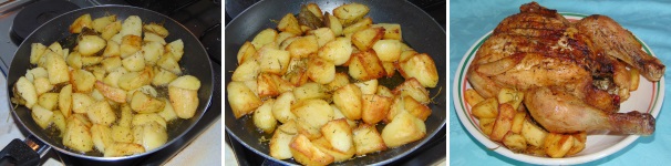 Trascorso il tempo scoprite le patate e con una forchetta bucatene una: se la forchetta affonda completamente, salate e alzate la fiamma rosolandole bene fino al formarsi di una delicata crosticina dorata, altrimenti ricopritele e lasciatele ancora qualche minuto. Una volta che le patate saranno pronte, unitele al pollo e servite tutto ben caldo.
 