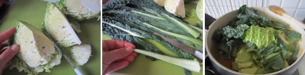 Tagliate la verza finemente, togliete via la parte dura del gambo del cavolo nero e sminuzzate le foglie. Aggiungete la verza e il cavolo nero alla zuppa.