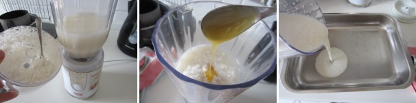 Versate il latte di riso in un frullatore. Aggiungete il cocco e il miele. Frullate per ottenere un composto omogeneo. Versatelo in una teglia e trasferite il tutto in congelatore per 2 ore.