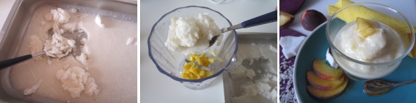 Tirate la teglia fuori dal congelatore. Aiutandovi con un cucchiaio grattate la superficie del sorbetto. Mettete la pesca e il sorbetto nel frullatore e frullate qualche secondo per unire gli ingredienti e rompere le sfere di ghiaccio. Servite subito con le fettine di pesca.
 