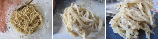 Mescolate energicamente, aggiungendo se necessario ancora dell’acqua della cottura, in modo da andare a creare una specie di salsa densa, legando la pasta con il formaggio. Servite subito la pasta calda per evitare che il formaggio finisca per raggrumarsi.
 