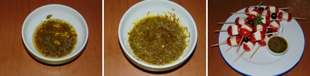 Preparare la salsa al pesto è molto semplice, basterà che in una ciotolina uniate al pesto un po’ d’olio in modo che diventi più fluido, quindi servite gli spiedini con a fianco la salsa.
 