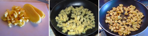 Pulite bene le patate e tagliatele a dadini piccoli, quindi scaldate un po’ d’olio in una padella e fatele cuocere fino a che non saranno ben dorate e croccanti.