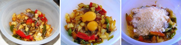 Trasferire le verdure in una ciotola ed unitevi le uova ed il parmigiano grattugiato lasciandone un cucchiaio da parte per la gratinatura.