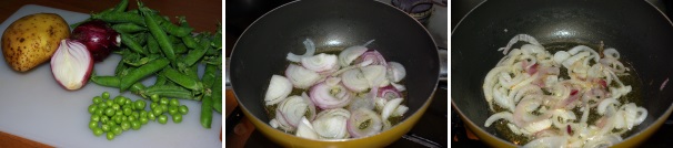 Dopo aver sgranato i piselli freschi, pulite la cipolla e fatela ammorbidire con l’olio dentro una pentola con i bordi alti.