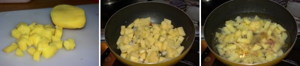 Sbucciate e tagliate a cubetti la patata, unitela alla cipolla e fate cuocere insieme qualche minuto, quindi coprite il tutto con acqua calda e fate cuocere a fuoco dolce per 15 minuti.
 