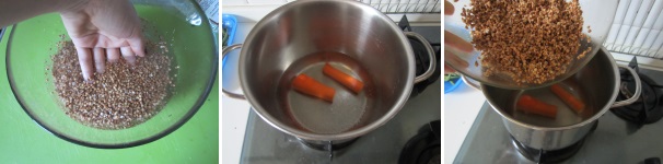 Lavate il grano saraceno in acqua fredda. In una pentola versate due bicchieri d’acqua e cuocete la carota a fuoco medio. Dopo circa 7 minuti dalla bollitura dell’acqua versate il grano saraceno. Mescolate e coprite con il coperchio. Cuocete circa 10-12 minuti a fuoco basso. Il grano saraceno dovrebbe assorbire tutta l’acqua. Spegnete il fuoco e lasciate raffreddare.
 