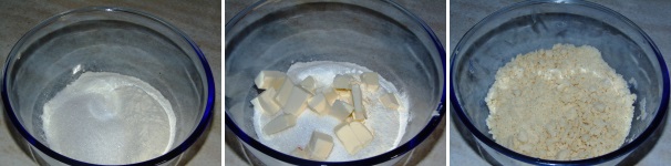 Preparate la copertura: in una ciotola unite la farina con lo zucchero restante e il burro morbido a pezzetti, quindi impastate tutto con le mani sino ad ottenere una sabbia grossolana.
 