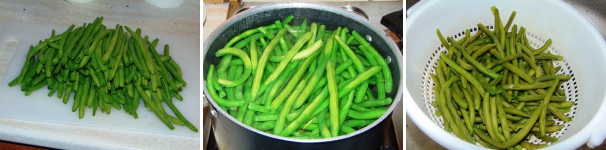 Pulite e lavate i fagiolini e lessateli in abbondante acqua salata per un quindicina di minuti, quindi scolateli e lasciateli freddare in modo che perdano l’acqua in eccesso.