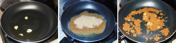 In una padella lasciate imbiondire l’aglio schiacciato con l’olio, unitevi il pangrattato e lasciatelo tostare rimestandolo di tanto in tanto per non farlo bruciare.