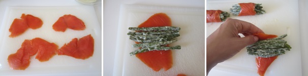 Disponete le fette di salmone su un tagliere. Adagiate due strati di fagiolini in mezzo di ogni  fetta e chiudete con il salmone, creando una specie di involtino. Servite il tutto freddo.