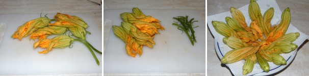 Mettete i fiori di zucca a bagno in acqua fredda per una decina di minuti, quindi asciugateli e puliteli dai gambi e, se volete, apriteli leggermente ed eliminate i pistilli. Metteteli a sgocciolate su della carta assorbente o dentro un colapasta.