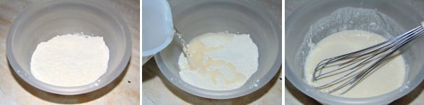 Preparate una pastella non troppo pesante: setacciate la farina, unite il sale, l’acqua fredda e sbattete bene fino ad avere un composto liscio.