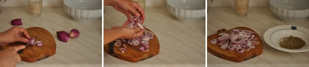 Versate il lievito e lo zucchero in un bicchiere di acqua tiepida, mescolate e lasciate sciogliere per 20 minuti. Nel frattempo tagliate a rondelle sottili i cipollotti e rompete i vari anelli con cui sono composti.