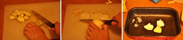 Accendete il forno a 220 °C. Lavate e tagliate le zucchine a rondelle sottilissime. Fate lo stesso con la cipolla. Iniziate a imburrare il fondo di una teglia antiaderente con dei fiocchetti di margarina.
