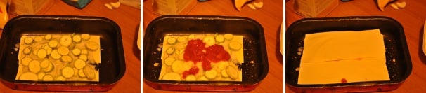 Mettete le rondelle di zucchine in modo il più possibile omogeneo e poi coprite con la polpa di pomodoro e nuovamente con la sfoglia di pasta.