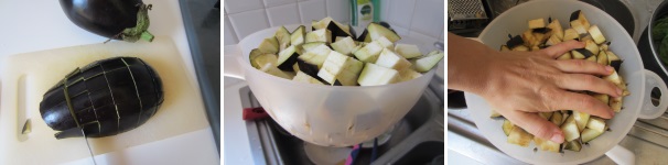 Lavate e tagliate le melanzane a tocchetti, metteteli in un colapasta e cospargete con il sale. Lasciateli per 30 minuti, dopodiché strizzateli con le mani per  eliminare l’eccesso di acqua che avranno rilasciato.