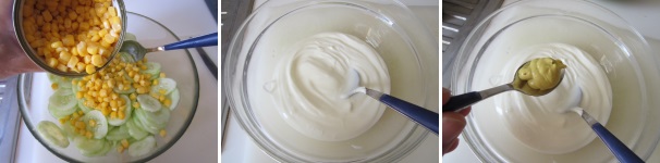 Quando i cetrioli si sono ammorbiditi, aggiungete il mais. Preparate la salsa unendo allo yogurt la senape.
 