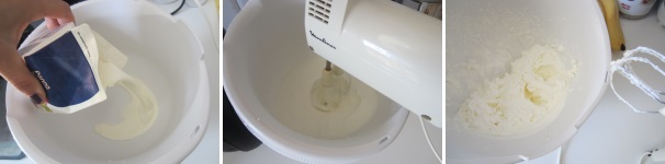 Versate la panna in una ciotola capiente, precedentemente raffreddata. Montatela a neve, ma non troppo dura, con l’aiuto delle fruste elettriche, dopodiché riponetela in frigo. Versate la panna in una ciotola capiente, precedentemente raffreddata. Montatela a neve, ma non troppo dura, con l’aiuto delle fruste elettriche, dopodiché riponetela in frigo.