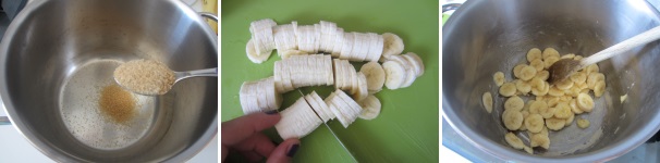 Versate lo zucchero nella pentola. Tagliate le banane a fette non troppo spesse e aggiungetele allo zucchero. Caramellatele sul fuoco basso, fino allo scioglimento dello zucchero, mescolando continuamente. Mettete in frigo per 5 minuti. Versate lo zucchero nella pentola. Tagliate le banane a fette non troppo spesse e aggiungetele allo zucchero. Caramellatele sul fuoco basso, fino allo scioglimento dello zucchero, mescolando continuamente. Mettete in frigo per 5 minuti.
