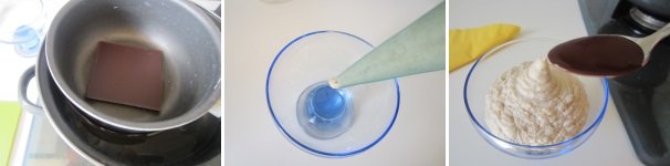 Sciogliete il cioccolato a bagnomaria. Mettete la mousse nella sac a poche e riempite le coppette. Versate sopra il cioccolato caldo e servite subito. Sciogliete il cioccolato a bagnomaria. Mettete la mousse nella sac a poche e riempite le coppette. Versate sopra il cioccolato caldo e servite subito.