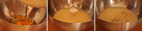 In un’altra ciotola montate bene le uova in modo che siano ben gonfie. Aggiungete lo yogurt e l’olio d’oliva. Salate e pepate.
 