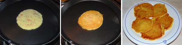 Scaldate una padellina per crepes ed ungetela, quindi cuocete i pancakes circa 40 secondi per lato, successivamente adagiateli in un piatto e serviteli permettendo ai vostri ospiti di condirli a loro gusto.