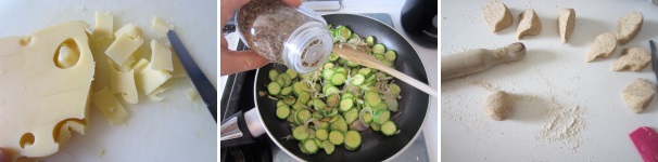 Tagliate il formaggio creando delle scaglie non troppo sottili. Aggiustate le zucchine e le cipolle con il sale, il pepe e l’origano. Dividete l’impasto in 8 porzioni.