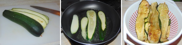 Pulite le zucchine, tagliatele a fette lunghe, spesse un paio di millimetri, e friggetele in olio caldo salandole leggermente; una volta cotte e dorate, lasciatele a scolare in un colapasta per qualche ora prima di utilizzarle.
 