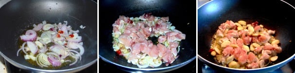 In una padella rosolate la cipolla ed il peperoncino, unite poi il pesce a dadini e le mandorle e lasciate cuocere per qualche minuto.