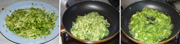 Lavate e pulite le zucchine, quindi grattugiatele con l’aiuto di una grattugia a fori larghi. Scaldate qualche cucchiaio di olio in una padella  e fatevi cuocere le zucchine solo con un pizzico di sale e qualche mestolo di acqua calda.